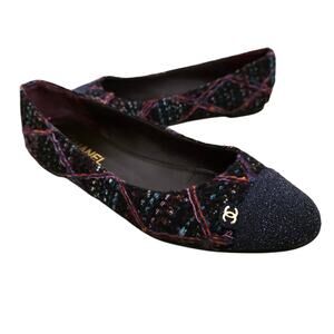 Chanel Tweed Ballet Flats Navy Black CC Cap Toe IT 40 US 9–9.5 G27760